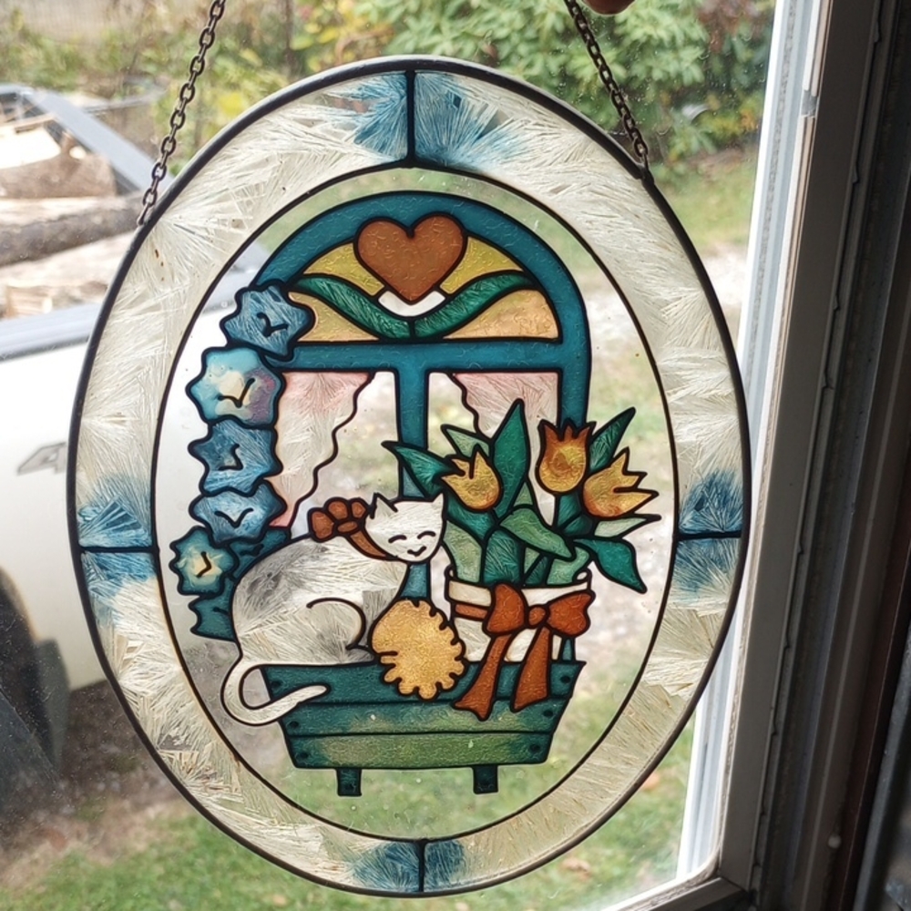 Oval Stained Glass Art. Cat at Window w/ Heart & Tulips. Green Blue Yellow Red